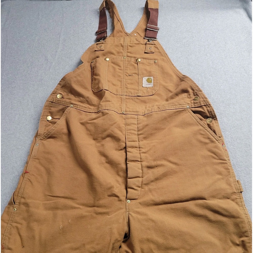 Vintage Carhartt Duck Canvas Double Knee Quilt Lined Bibs Union Made USA 44x34‎
